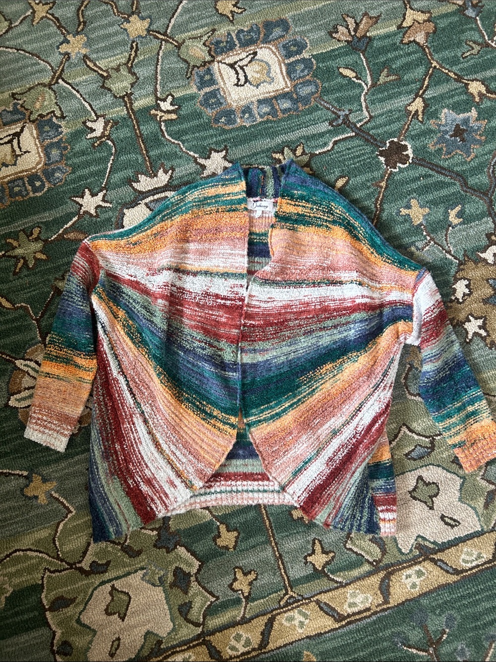 Duchamp Multicolor Striped Open-Front Cardigan — Green, Rust, Teal & Cream